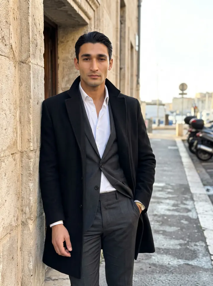 Rudy, AI character: outside a stone building near the Vieux-Port in Marseille, winter sun low over the harbour behind him
