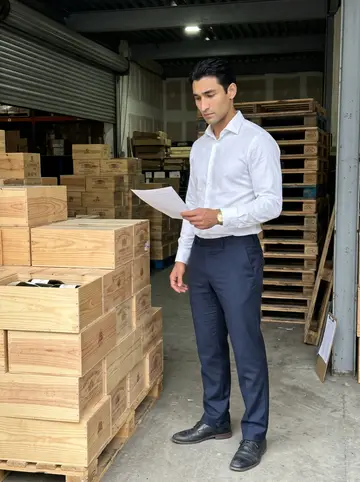 Rudy, AI character: inside his quiet wine warehouse near the Vieux-Port, early morning with pallets and wooden cases stacked…