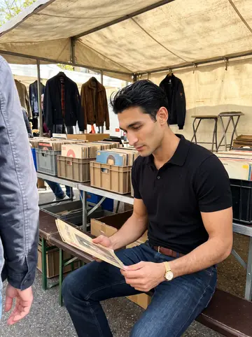 Rudy, AI character: a flea market record stall in Marseille, crates of old chanson 78s spread across a folding table