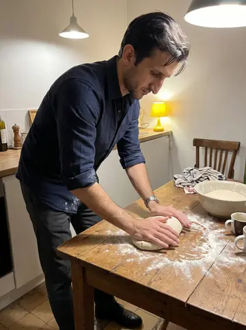 Frédéric, AI character: Mamie Odette's small kitchen in Le Panier at four in the morning, flour on the counter and a bowl of dough…