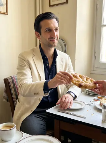 Frédéric, AI character: sunny Sunday in Mamie Odette's Le Panier kitchen, plates and a coffee cup on the small table, an older…