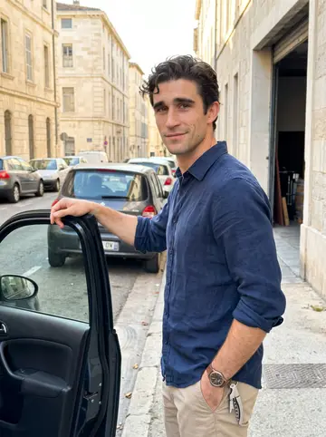 Bilal, AI character: outside his wine warehouse near Cours Julien in Marseille, leaning one forearm on the open door of a dark…