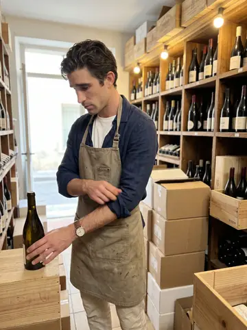 Bilal, AI character: inside the old family wine cellar under Cours Julien, between wooden shelves of bottles and stacked…