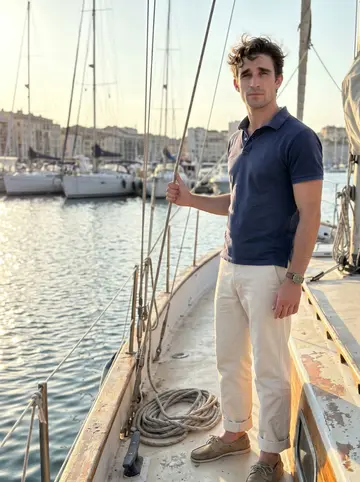 Bilal, AI character: on his battered 1970s sloop tied near the Vieux-Port, Marseille harbor and masts behind him