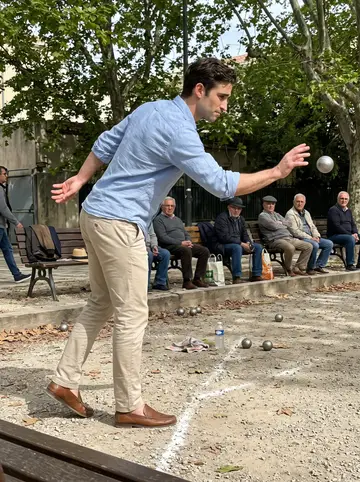 Bilal, AI character: a neighbourhood pétanque court near Cours Julien with older men watching from benches