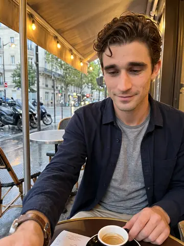 Bilal, AI character: under the awning of a small café near La Plaine after a drizzle, wet pavement and scooters behind him