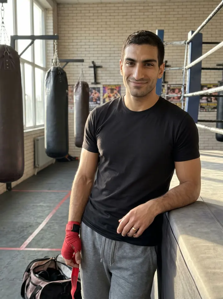 Lionel, AI character: inside his boxing gym in Lille, leaning against the side of the ring with old heavy bags and pale brick…