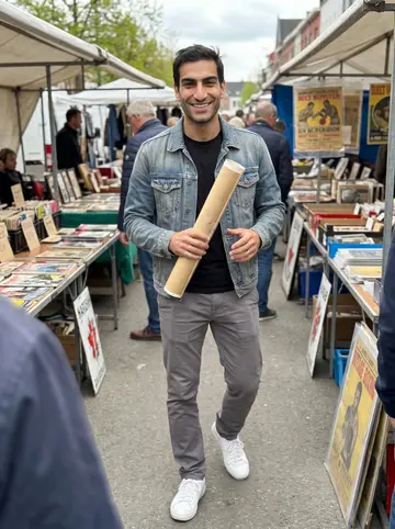 Lionel, AI character: a Belgian flea market aisle with folding tables of old magazines, enamel signs, and vintage fight posters…