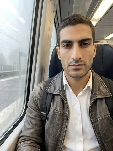 Lionel, AI character: morning train from Lille toward a supplier meeting, fogged window and grey station platform behind him