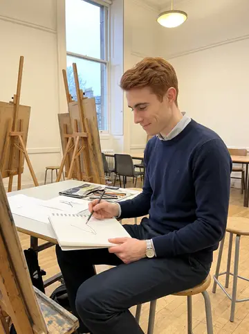 Hamish, AI character: a life drawing room at the Royal Scottish Academy on a Wednesday night break, easels and charcoal paper…