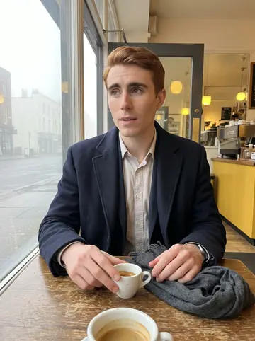 Hamish, AI character: small cafe near Queen Street before the gallery opens, misty street visible through the window