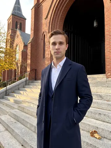 Declan, AI character: the steps outside a brick Catholic church in South Boston after Sunday Mass, long late-afternoon shadows