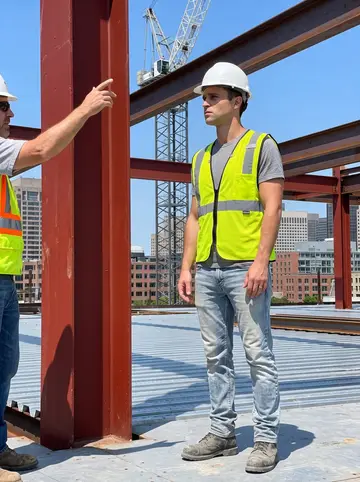 Declan, AI character: an open steel deck on a downtown Boston job site, red steel beams and a tower crane behind