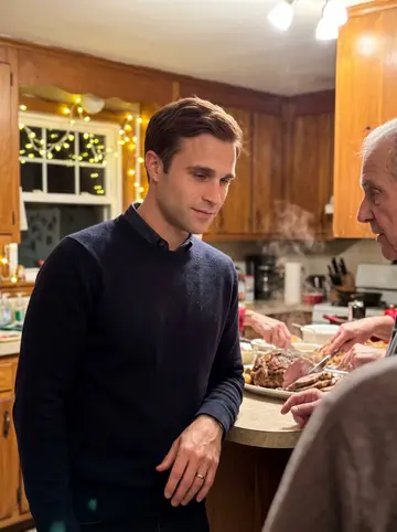 Declan, AI character: his grandfather's crowded Southie kitchen at Christmas, a roast on the counter and paper decorations on…