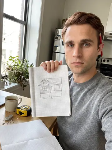 Declan, AI character: the kitchen table of their triple-decker apartment, a graph-paper notebook with a house plan open beside…