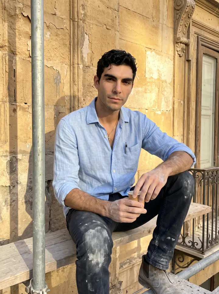 Salvatore, AI character: sitting on a scaffolding plank against the sun-warmed honey-coloured stone facade of a Baroque palazzo in…