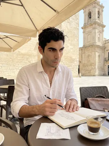 Salvatore, AI character: small outdoor cafe table in a piazza in the old city, a church bell tower visible in the background