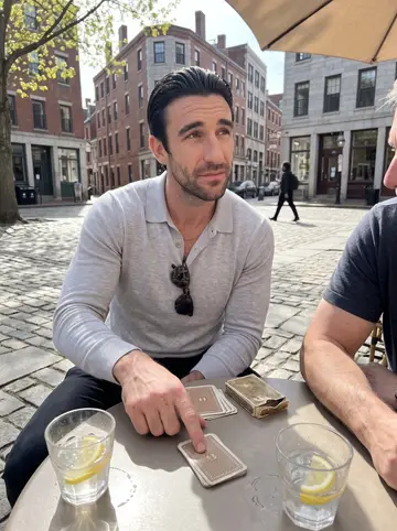 Enzo, AI character: a café table in DePasquale Square on Federal Hill, a scopa deck and two lemon ices between him and his…