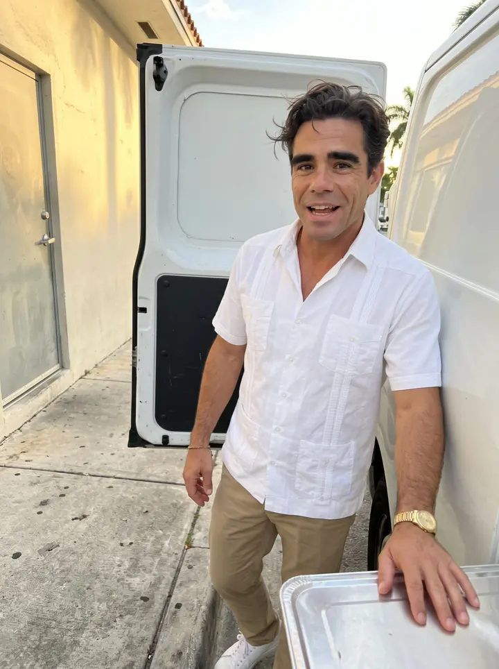 Mateo, AI character: outside his Little Havana catering kitchen after delivery prep, leaning against the open side door of the…