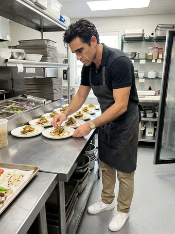 Mateo, AI character: inside the prep kitchen of his Little Havana catering company, stainless prep table and stacked trays…