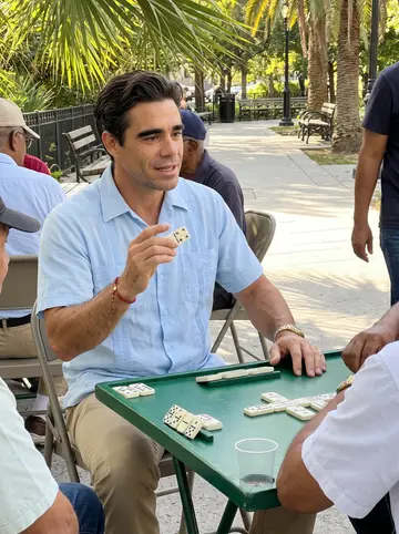 Mateo, AI character: a domino table at Máximo Gómez Park in Little Havana, older regulars cropped around the edges