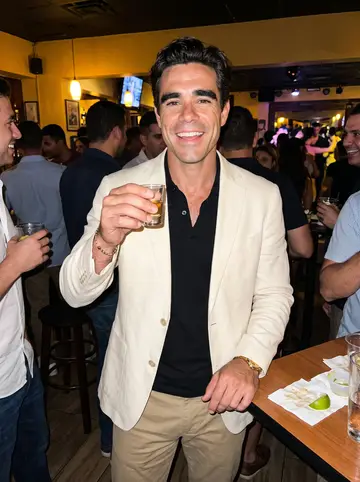 Mateo, AI character: a crowded Little Havana salsa bar after a catering pickup, friends cropped around him at a small standing…