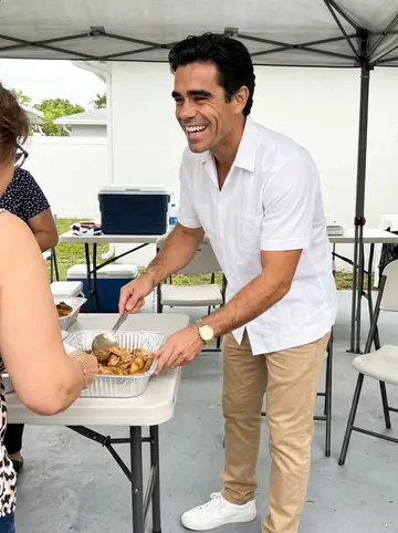 Mateo, AI character: his abuela's backyard cookout in Miami, folding tables and foil trays set up under a canopy