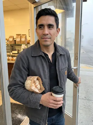 Jean, AI character: outside a Boyle Heights bakery just after opening, early fog in the street and paper bags of conchas…