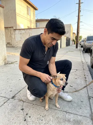 Jean, AI character: a Boyle Heights sidewalk at dusk near his father's block, low apartment walls and parked cars behind him
