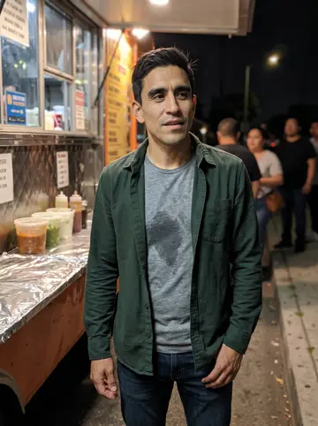 Jean, AI character: outside a late-night taco truck in East Los Angeles after Sunday pickup soccer, with two friends partly…