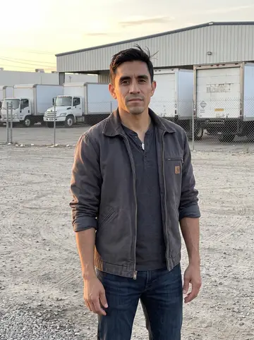Jean, AI character: the Vernon freight yard at the edge of golden hour, leaning against the open door of a dark company pickup…
