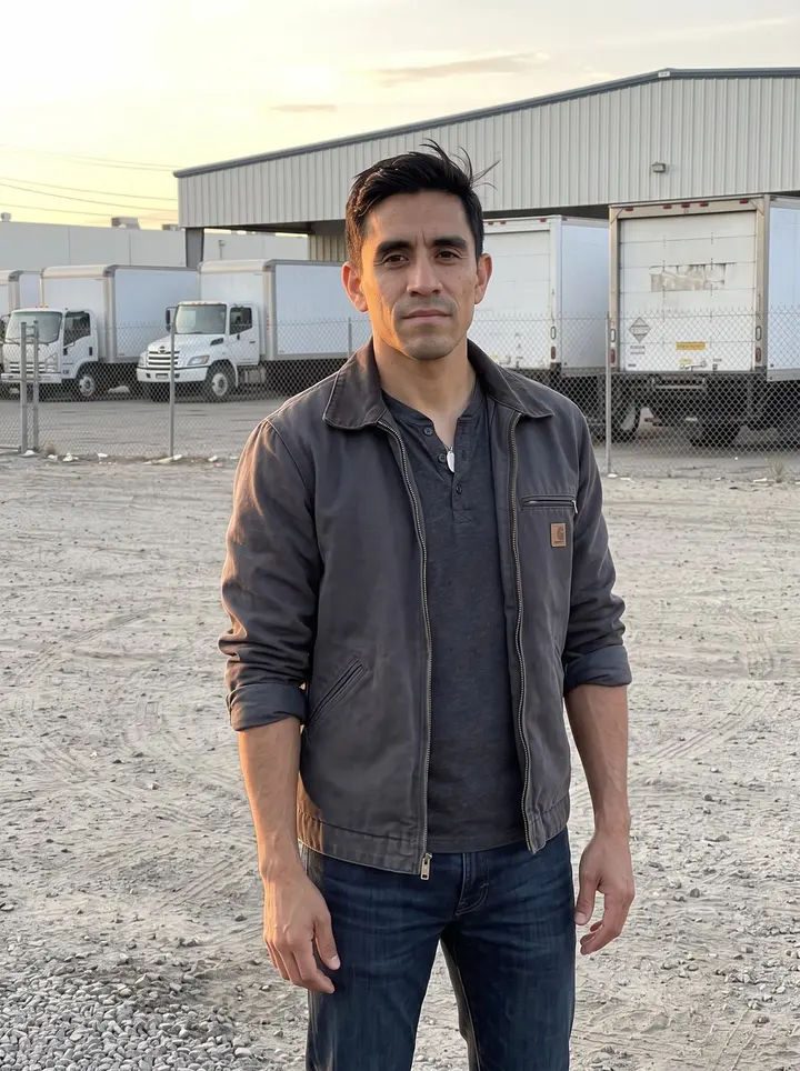 Jean, AI character: the Vernon freight yard at the edge of golden hour, leaning against the open door of a dark company pickup…