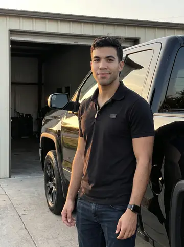Aarón, AI character: outside his San Antonio detailing shop at golden hour, leaning beside a freshly polished black pickup near…