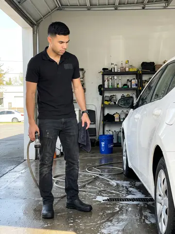 Aarón, AI character: the wash bay at his detailing shop on a bright spring morning, foam running along the concrete floor