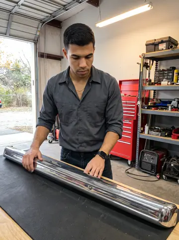 Aarón, AI character: the back bay of the shop on an overcast autumn afternoon, an old chrome bumper set on a padded workbench