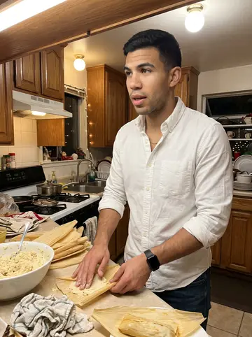 Aarón, AI character: his abuela's kitchen during Christmas tamale prep, masa bowls and corn husks spread across the counter