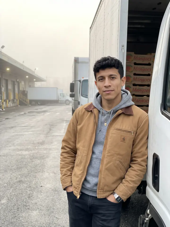 Wilmer, AI character: outside the Hunts Point produce market just after sunrise, leaning against the open side of a white box…