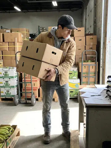 Wilmer, AI character: inside the family produce warehouse in Queens, beside pallets of plantains, cilantro boxes and a small…