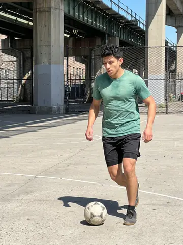 Wilmer, AI character: a concrete pickup soccer court under the elevated 7 train in Jackson Heights on a Sunday afternoon