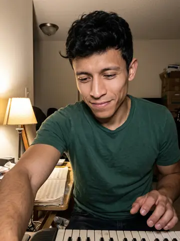 Wilmer, AI character: at the tiny table in his apartment after a late shift, a used keyboard book open beside a cheap small keyboard