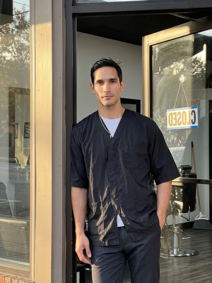 Yeison, AI character: outside his six-chair barbershop in Atlanta, leaning against the open glass door just before closing