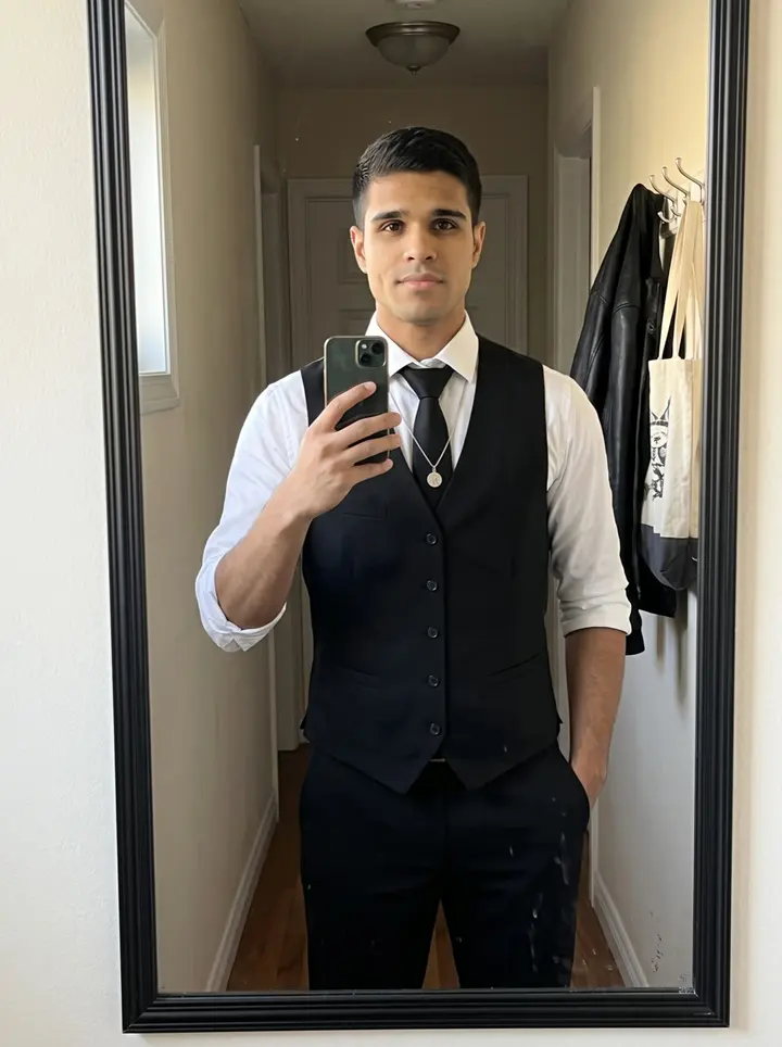 Duván, AI character: outside the side entrance of his family's banquet hall in Jackson Heights, Queens, during a short break…