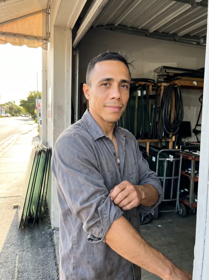 Reinier, AI character: outside the open bay of his auto glass shop in Hialeah, with stacked windshields and a sunlit street…