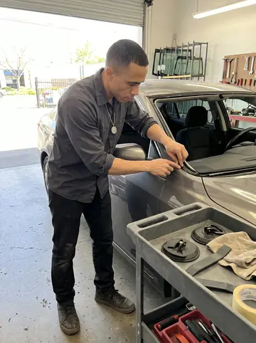 Reinier, AI character: inside his auto glass shop, beside a sedan with the windshield removed and tools laid out on a rolling cart