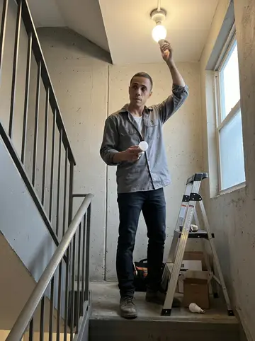 Reinier, AI character: the stairwell of his apartment building just before dawn, with a new bulb in one hand and a small step…
