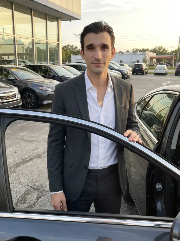 Domingo, AI character: the front row of the family car dealership in Tampa near closing, beside a dark sedan with the showroom…
