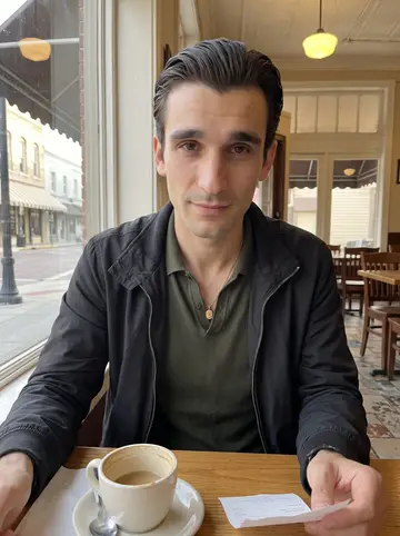 Domingo, AI character: a corner table by the window at an old Ybor City café, a café con leche and a small plate on the table