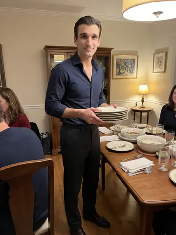 Domingo, AI character: his mother's dining room after Sunday dinner, plates and serving bowls still on the table, family members…
