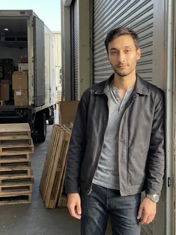 Joel, AI character: outside the roll-up door of his family produce warehouse in Bridgeport, late afternoon after a delivery…