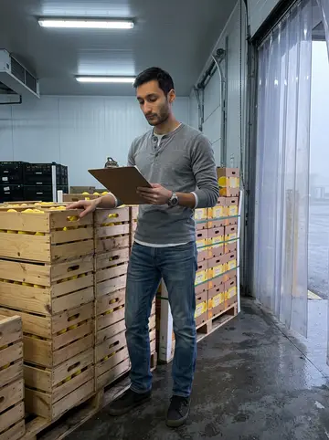 Joel, AI character: inside the cold produce warehouse before sunrise, stacks of citrus boxes and plastic curtains around the…